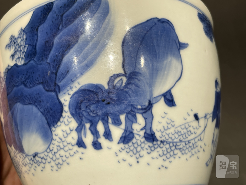 明崇祯 青花童子牧牛图小案缸 - 图6